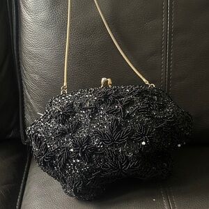 Vintage  Black hand Beaded Clutch with Gold Chain
